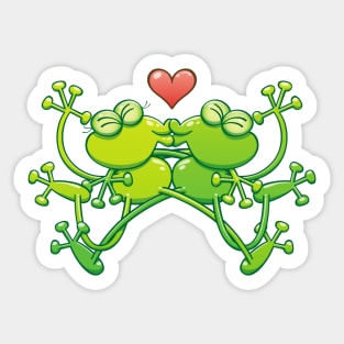 Couple of funny green frogs in love kissing passionately Sticker